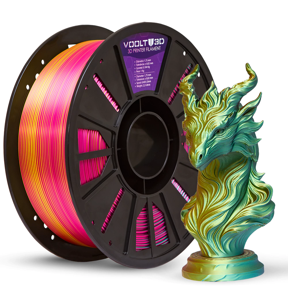 Voolt 3D - PLA Silk - Tri Dourado / Rosa Choque / Verde - 1 kg